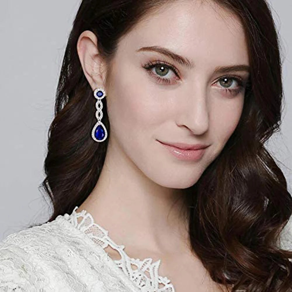 FancyEarRings - Blue Cubic Zirconia Long Hanging Earrings